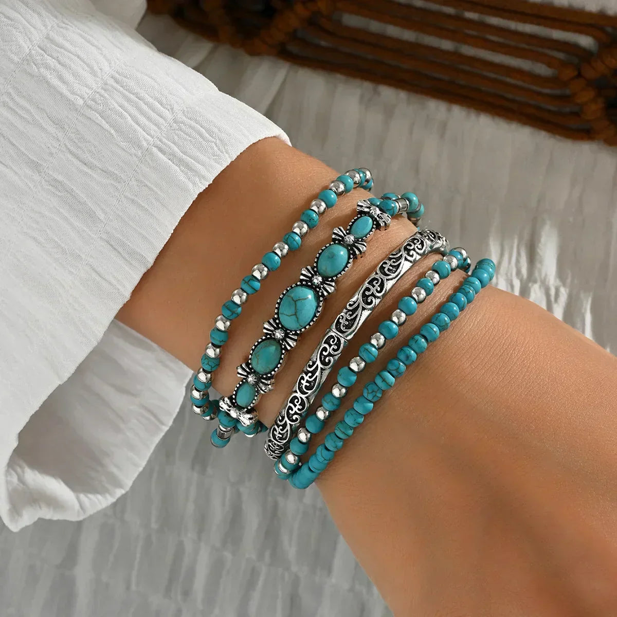 Ensemble de Bracelets en Perles Turquoises Bohèmes