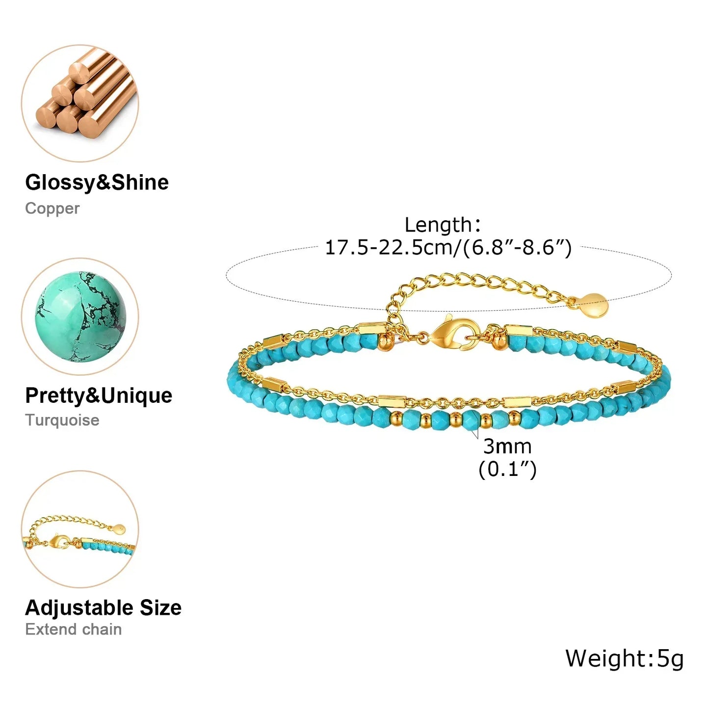Chaîne Double en Or Éternel Bracelet Turquoise