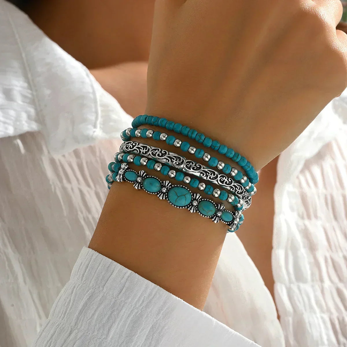 Ensemble de Bracelets en Perles Turquoises Bohèmes