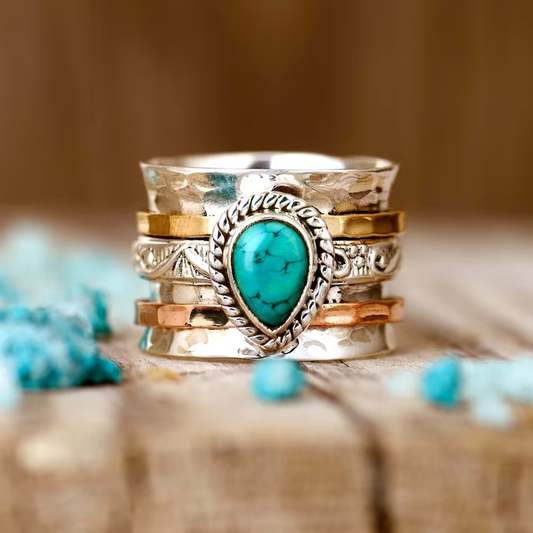 Bague en Argent Doré Inlay Turquoise Antique